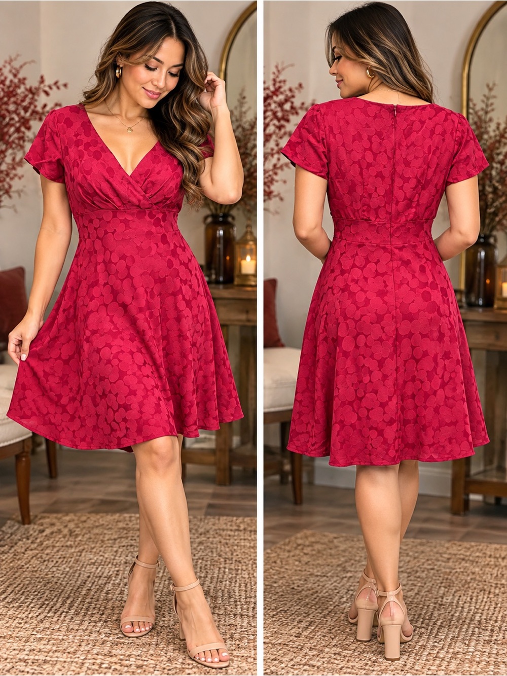 Donna Ricco Silk Dress Size 6 Red Jacquard Dot V-Neck